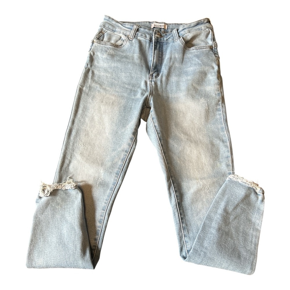 AGORSS Collection Women Juniors Distressed Raw Hem Light Blue Denim Jeans Sz 11